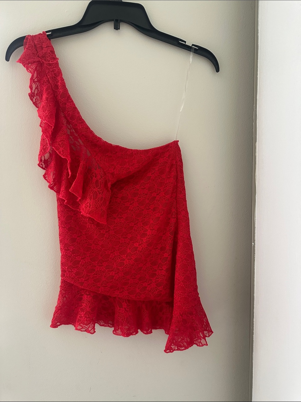 Red One-Shoulder Lace Ruffle Top